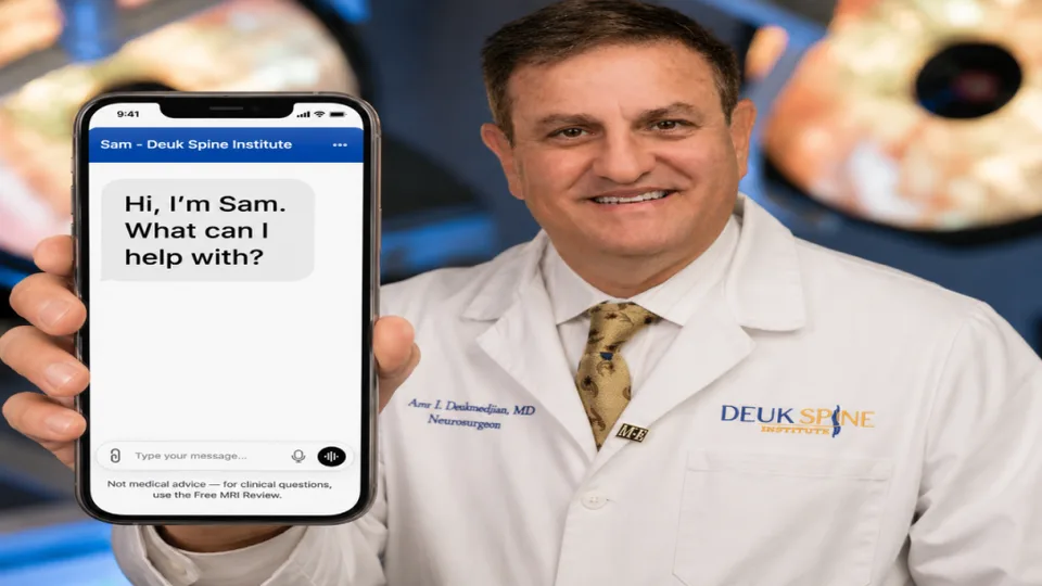 Doctor in a lab coat holds a phone showing a chat message from Sam offering help.