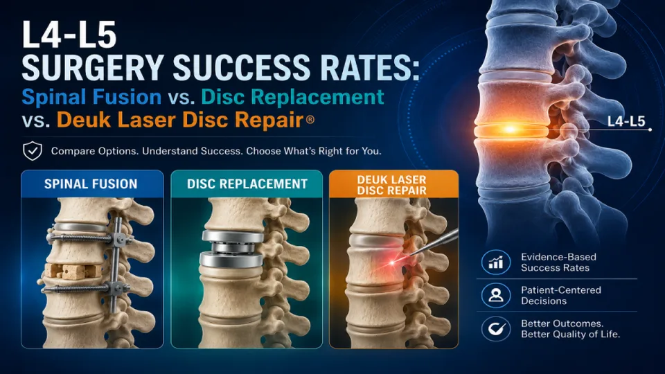 Comparison of L4-L5 spinal surgery methods: fusion, disc replacement, and Deuk laser repair, highlighting success rates.