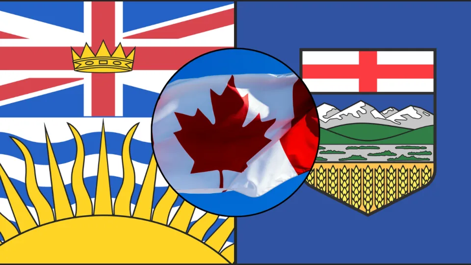 Two provincial flags alongside a central Canadian flag.