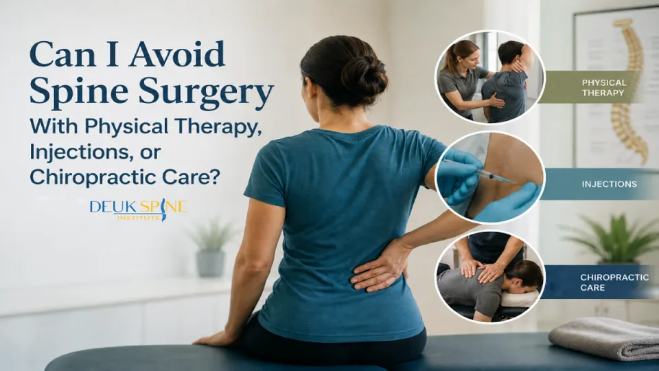 Woman with back pain and text about avoiding spine surgery through physical therapy, injections, or chiropractic care.