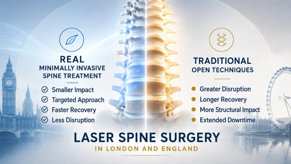 Illustration comparing minimally invasive and traditional spine treatments with London landmarks in the background.