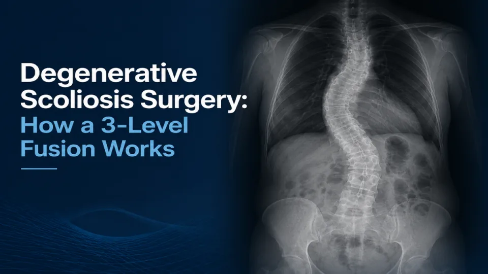 X-ray of a spine with scoliosis next to the text "Degenerative Scoliosis Surgery: How a 3-Level Fusion Works.