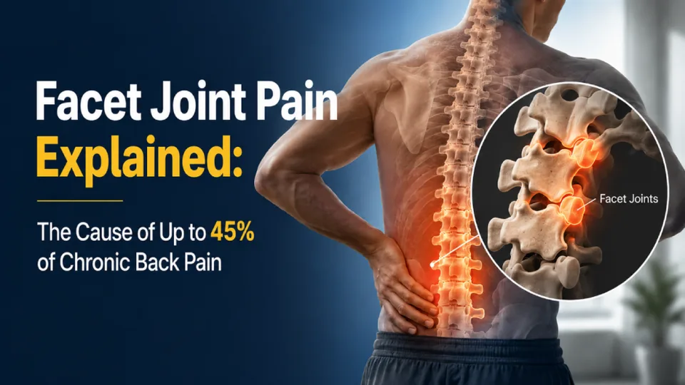 Person holding back with highlighted spine and facet joints, text reads "Facet Joint Pain Explained: The Cause of Up to 45% of Chronic Back Pain.