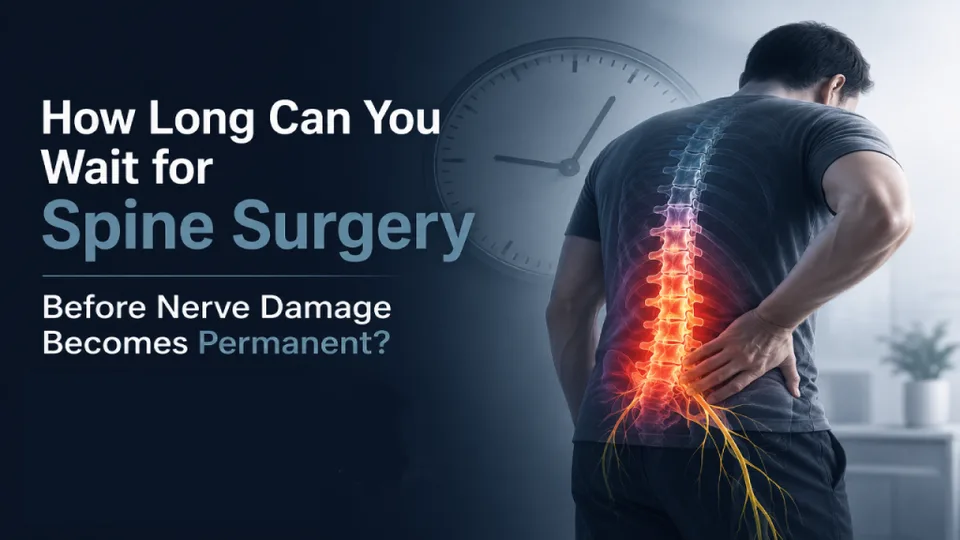 Man with highlighted spine holds back, text asks about delay in spine surgery and nerve damage.