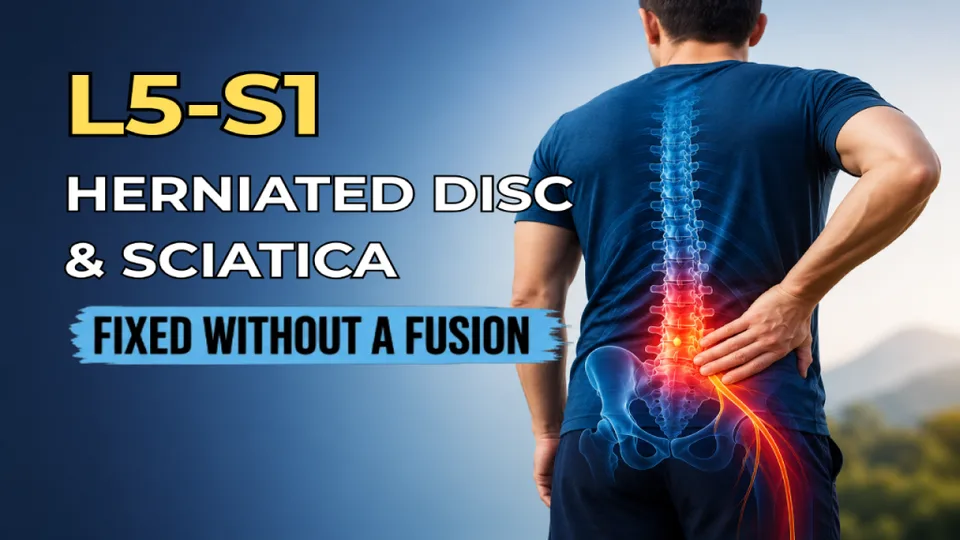 Image of a man with back pain showing a highlighted spine, with text about fixing L5-S1 herniated disc and sciatica without fusion.