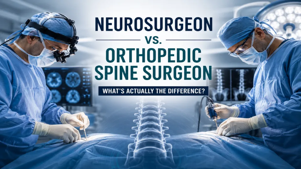 Two surgeons operate on a patient with an overlay of text about neurosurgeons versus orthopedic spine surgeons.
