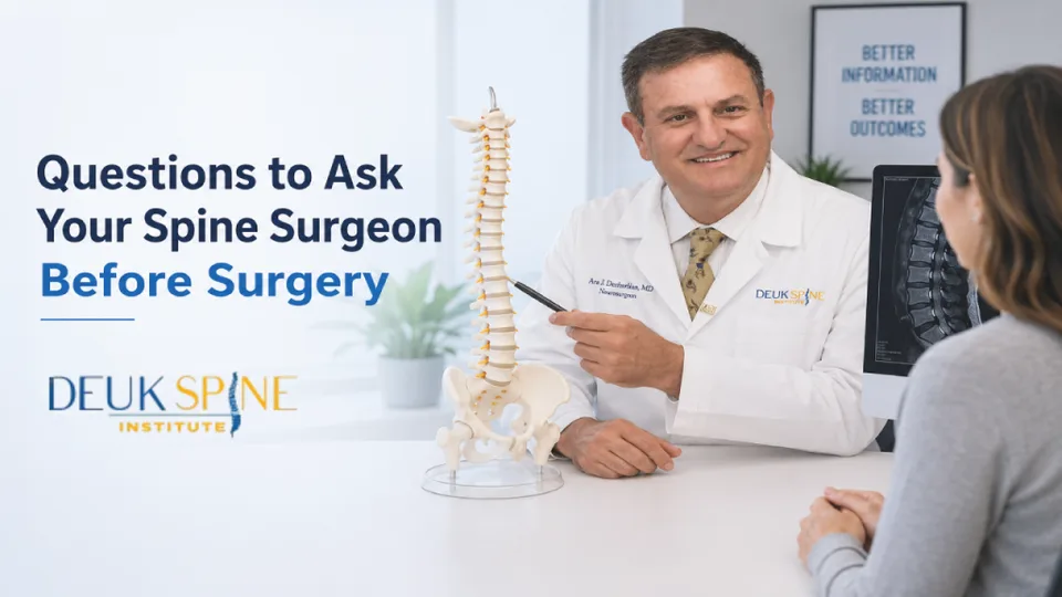 Doctor explaining spine surgery to a patient using a spine model in a medical office.