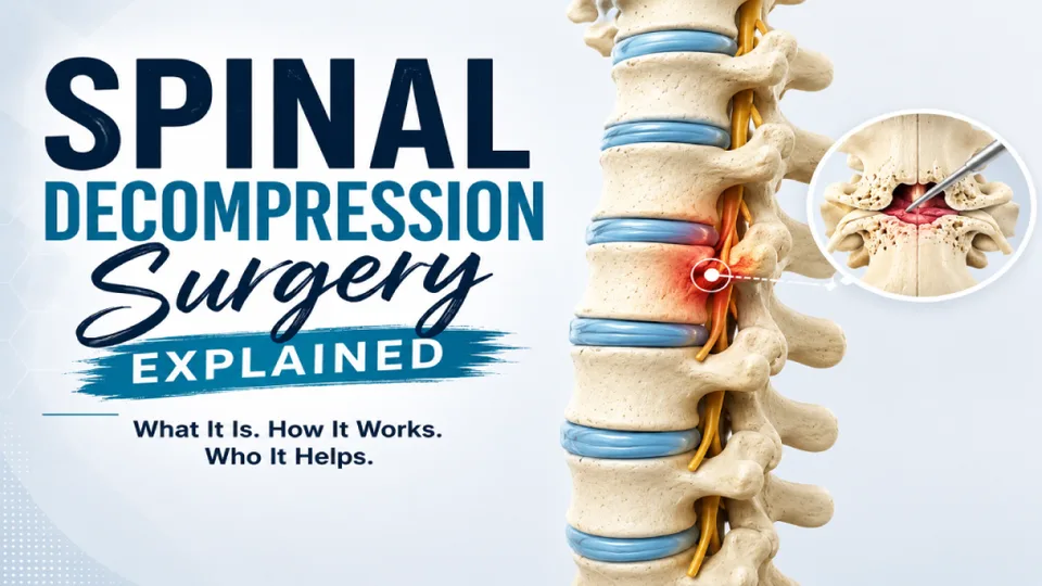Spinal decompression surgery infographic with a labeled spine and text descriptions.
