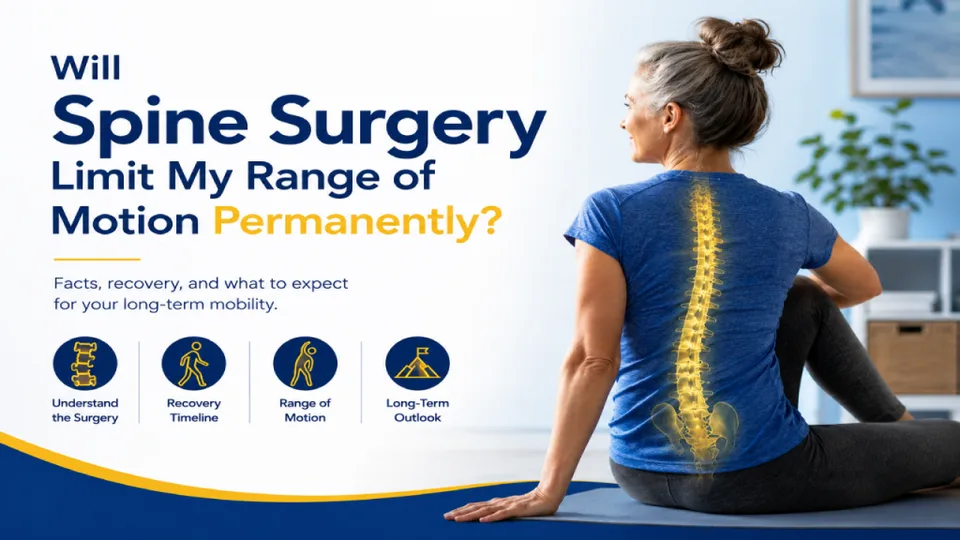 Woman practicing yoga with a highlighted spine next to text about spine surgery and mobility.