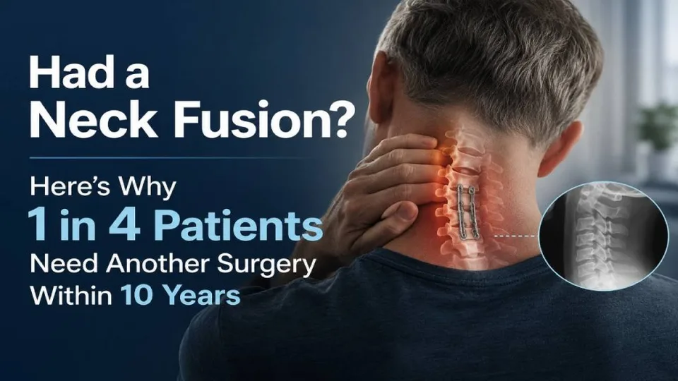 Man holding neck with spine illustration and text about neck fusion surgery risks.