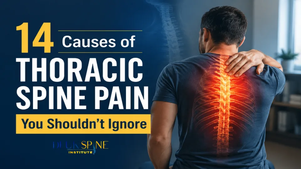 Man holding shoulder with highlighted thoracic spine, text: "14 Causes of Thoracic Spine Pain You Shouldn't Ignore.