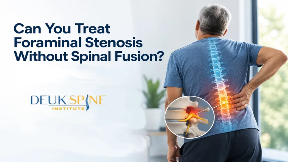 Man with highlighted spine and lower back pain next to text about foraminal stenosis treatment options.