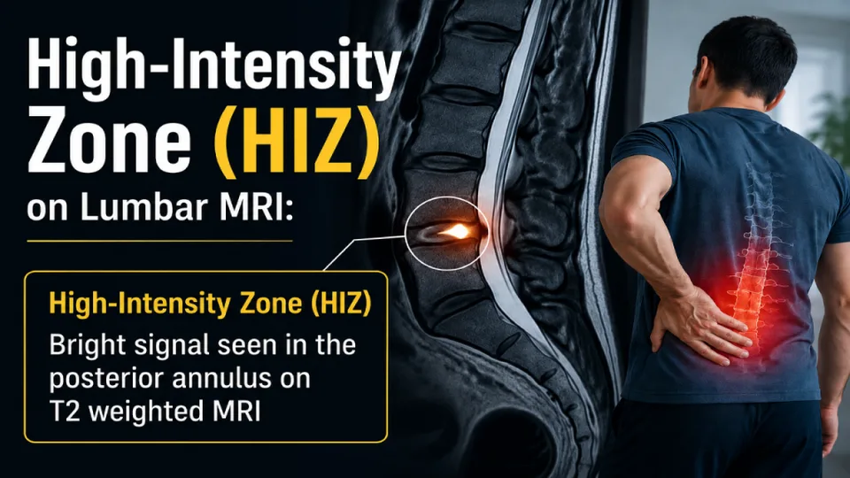 Diagram of a high-intensity zone in lumbar MRI with a person holding their lower back.