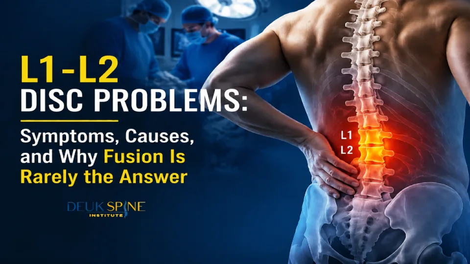 X-ray illustration of a spine highlighting L1-L2 disc problems with a person holding their lower back in pain.