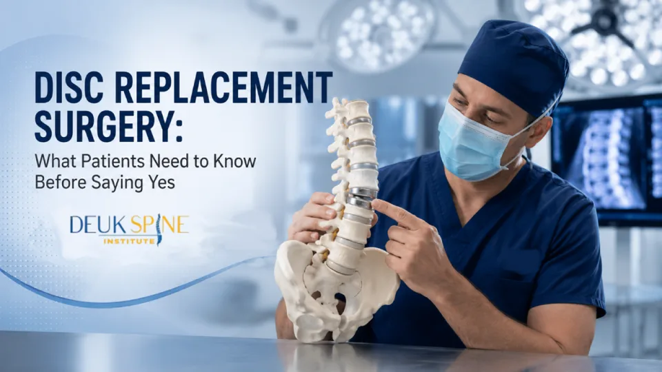 A surgeon in scrubs and mask examines a spinal model next to text about disc replacement surgery.
