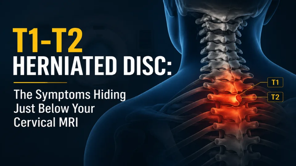 Illustration of a herniated disc at T1-T2 with highlighted spine and text about hidden symptoms below cervical MRI.