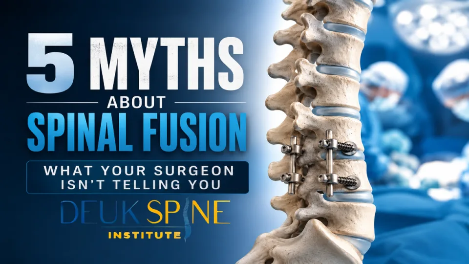Text reads "5 Myths About Spinal Fusion" next to a spine model with surgical background.