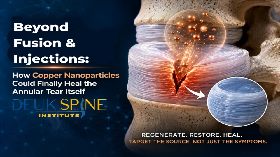 Graphic showing copper nanoparticles healing an annular tear, accompanied by text on spine treatment.