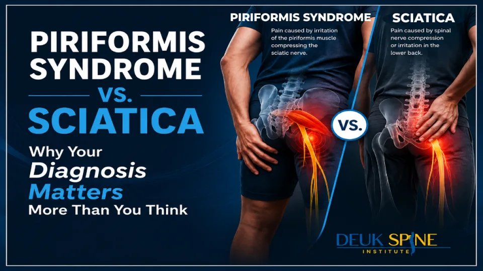 Comparison of piriformis syndrome and sciatica highlighting different pain sources with text from Deuk Spine Institute.