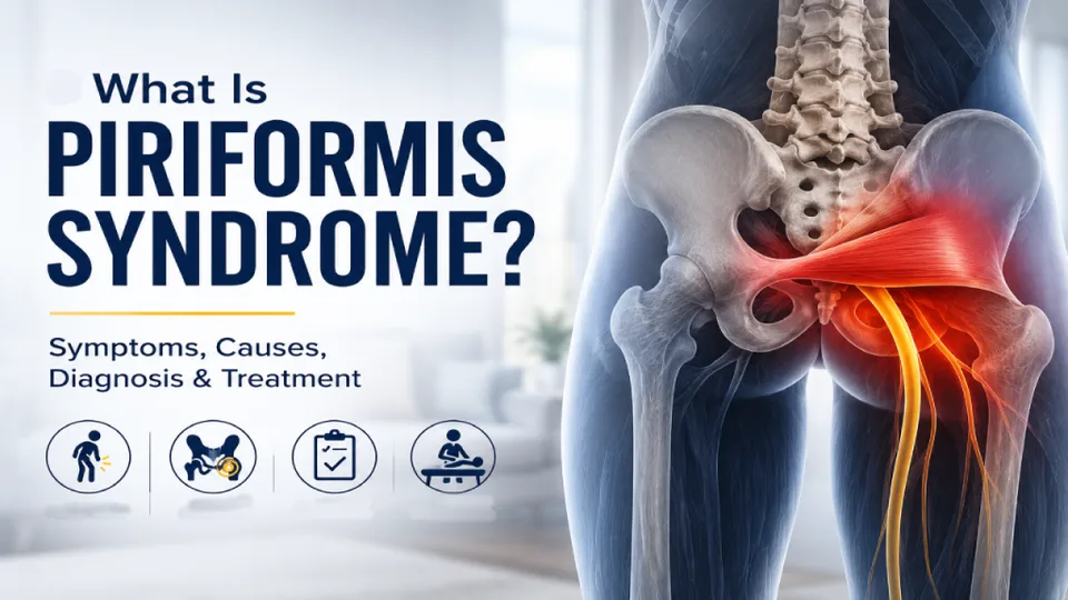 Diagram of the hip area highlighting the piriformis syndrome with text about symptoms, causes, diagnosis, and treatment.