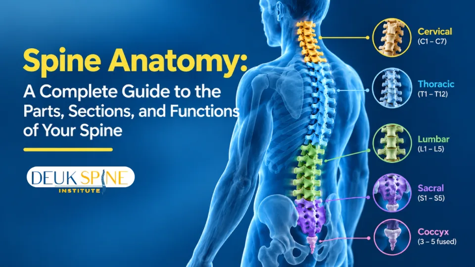 Diagram of the human spine with labeled sections: cervical, thoracic, lumbar, sacral, and coccyx.