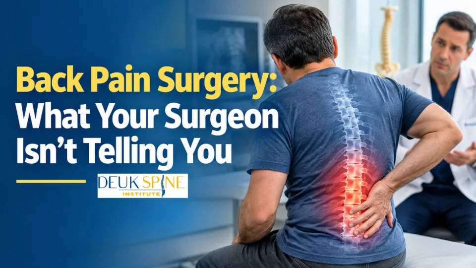 Man with back pain sitting next to a doctor, with text about surgery information.