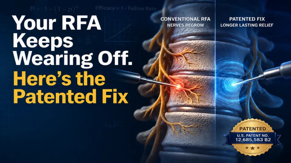 Ad for a patented RFA fix showing a spine with two treatment methods: conventional and patented.