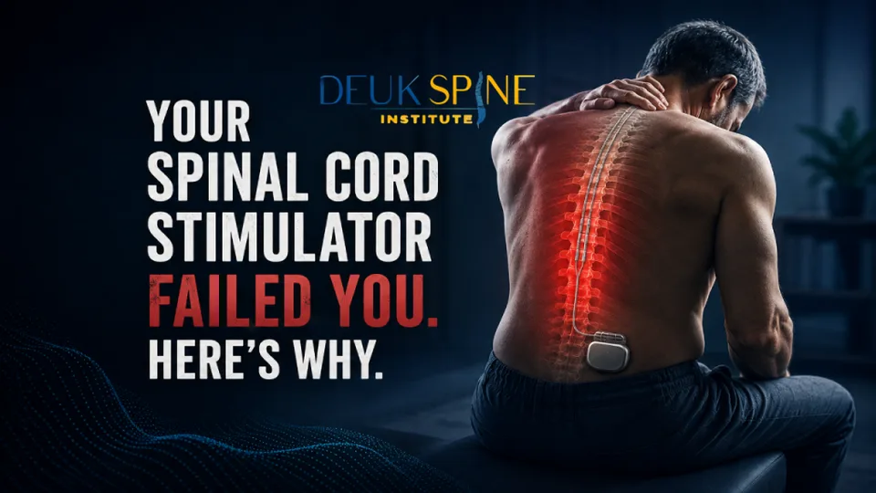 Man with illuminated spinal cord graphic and highlighted text about spinal cord stimulator issues.