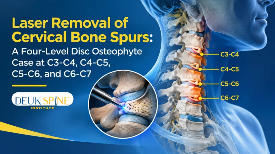 Illustration of cervical spine with highlighted disc osteophytes and labels, showing laser removal technique.