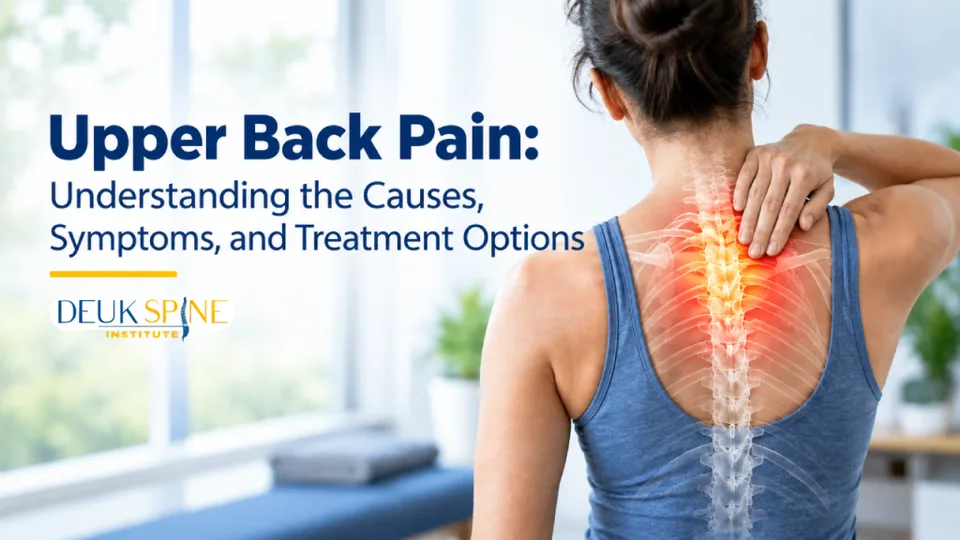Woman holding her upper back with spine illustration and text about understanding upper back pain.