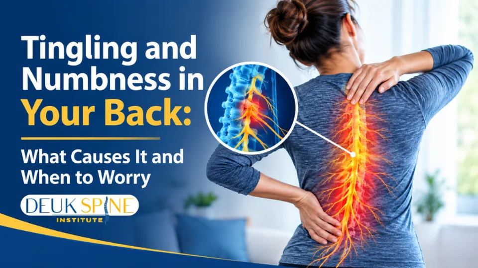 Woman holding her back with highlighted spine and nerves, accompanying text on tingling and numbness.