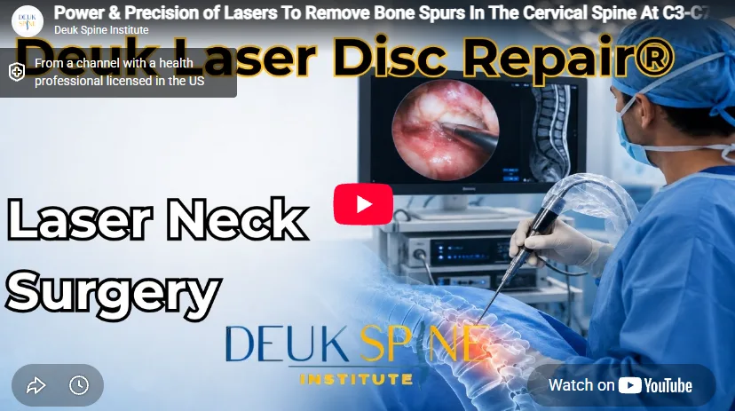 Surgeon operates with a laser while viewing an endoscopic image on a monitor, titled "Laser Neck Surgery.