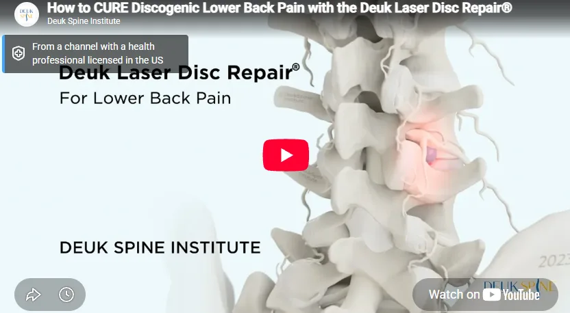 Spinal column illustration highlighting disc repair with text overlay about Deuk Laser Disc Repair for lower back pain.