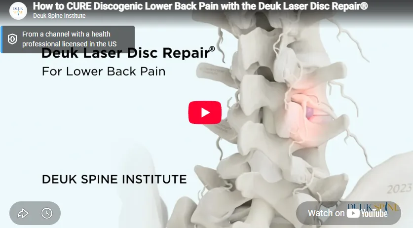 Spinal graphic highlighting a disc with text about Deuk Laser Disc Repair® for lower back pain.