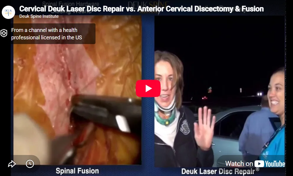 Split screen showing a spinal surgery on the left and two women outside at night on the right.