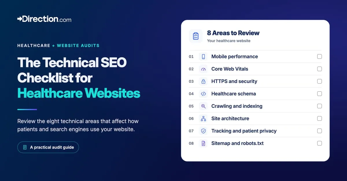 Technical SEO checklist with eight review areas for healthcare websites