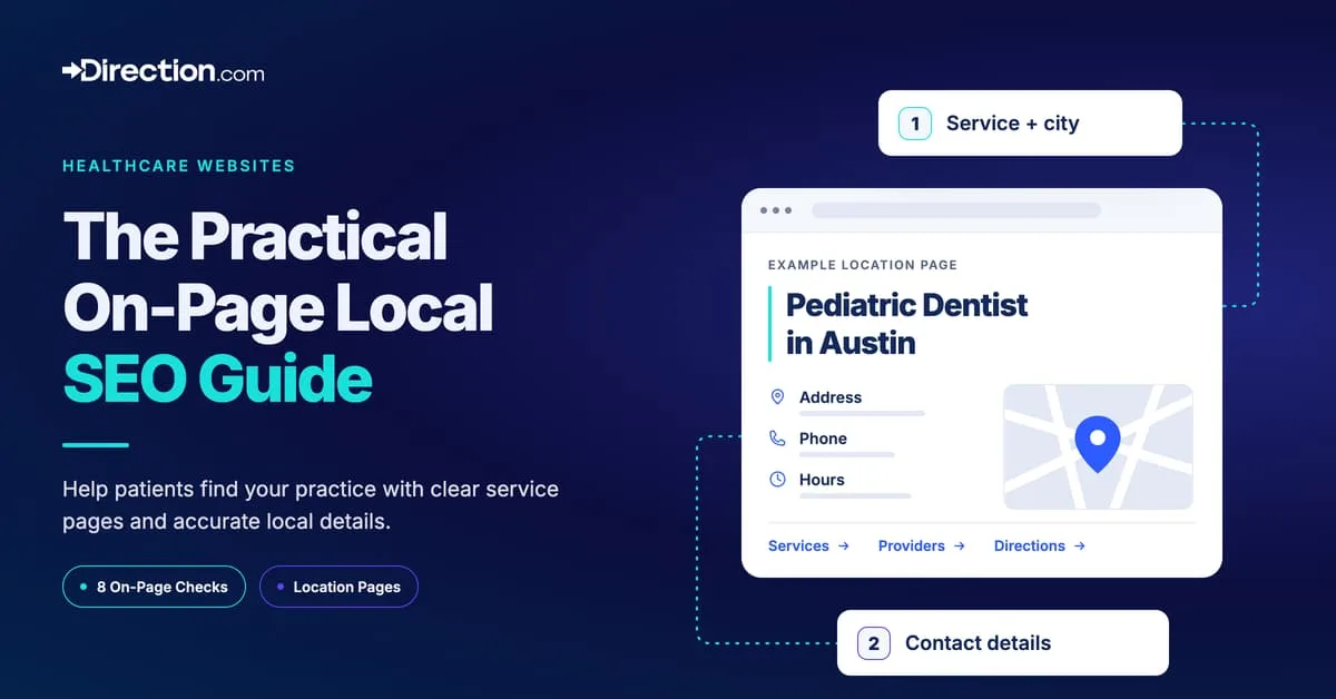 On-page local SEO graphic with a healthcare location page, contact details, and map.