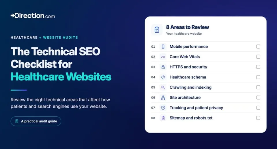 Technical SEO checklist with eight review areas for healthcare websites