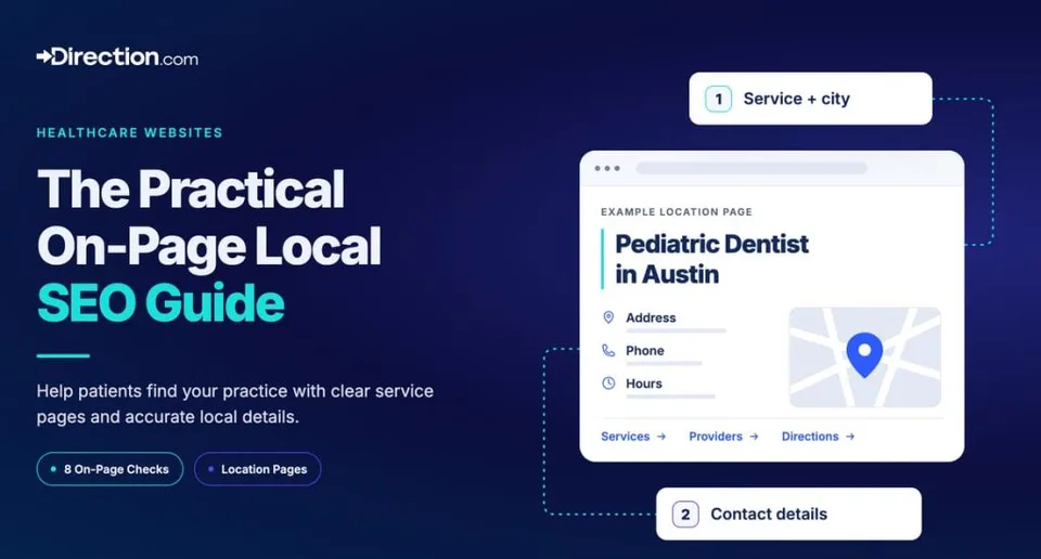 On-page local SEO graphic with a healthcare location page, contact details, and map.