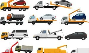 A graphic of many different towing types and kinds of trucks transporting various vehicles.