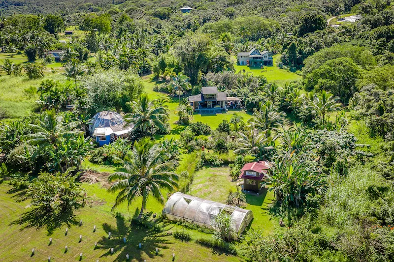 Another aerial view showing the green house, barn and other structures at this Hana Permaculture Property