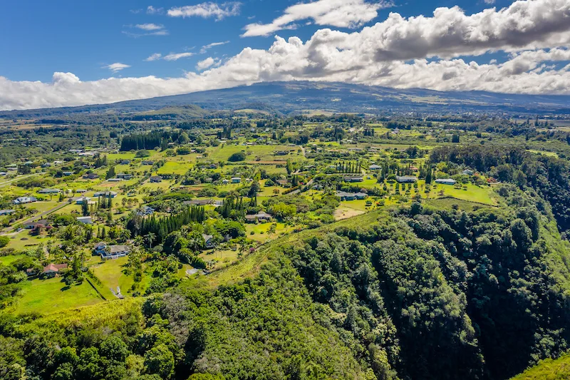 Aerial view of the Haiku Mauka Neighborhood. Maliko Gulch is in the foreground with Haleakala in the background. 