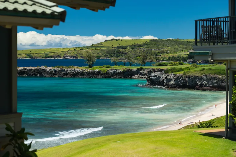 The view of Oneloa Beach from the grounds of Kapalua Bay Villas. 