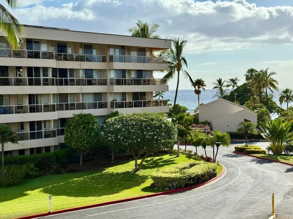 Maui Banyan Condos for Sale 1 A view from the Maui Banyan parking garage looking towards the ocean. Building G is the multi-story building in the foreground and Building B is the two story building in the background.