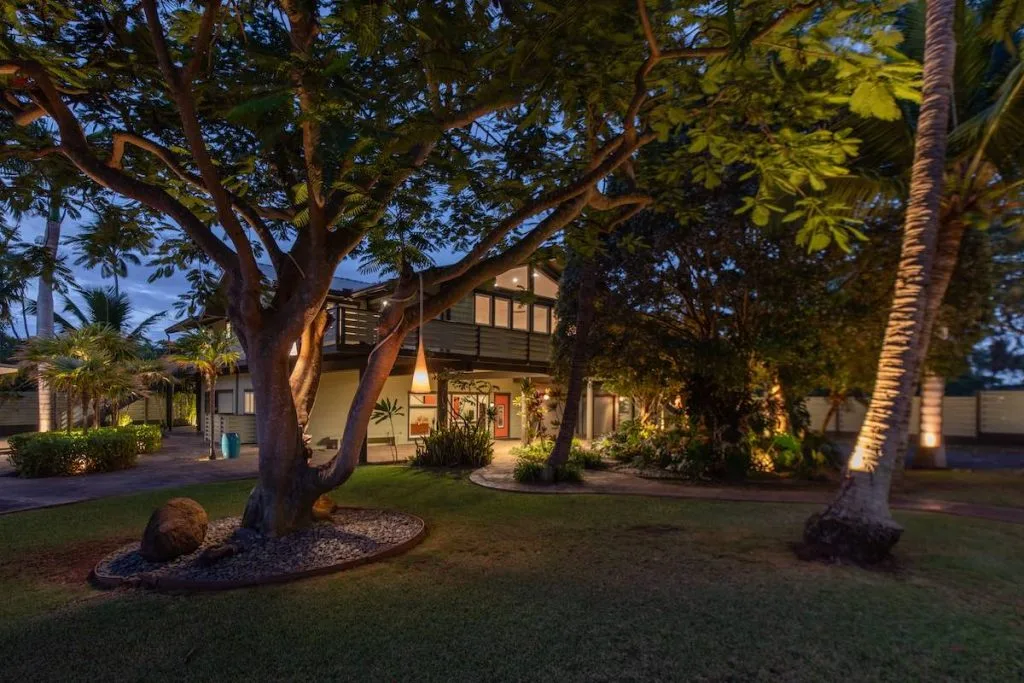 An evening photo of 43 Nonohe in Spreckelsville, the featured property of the October 2025 Maui Statistics and Market Update. 