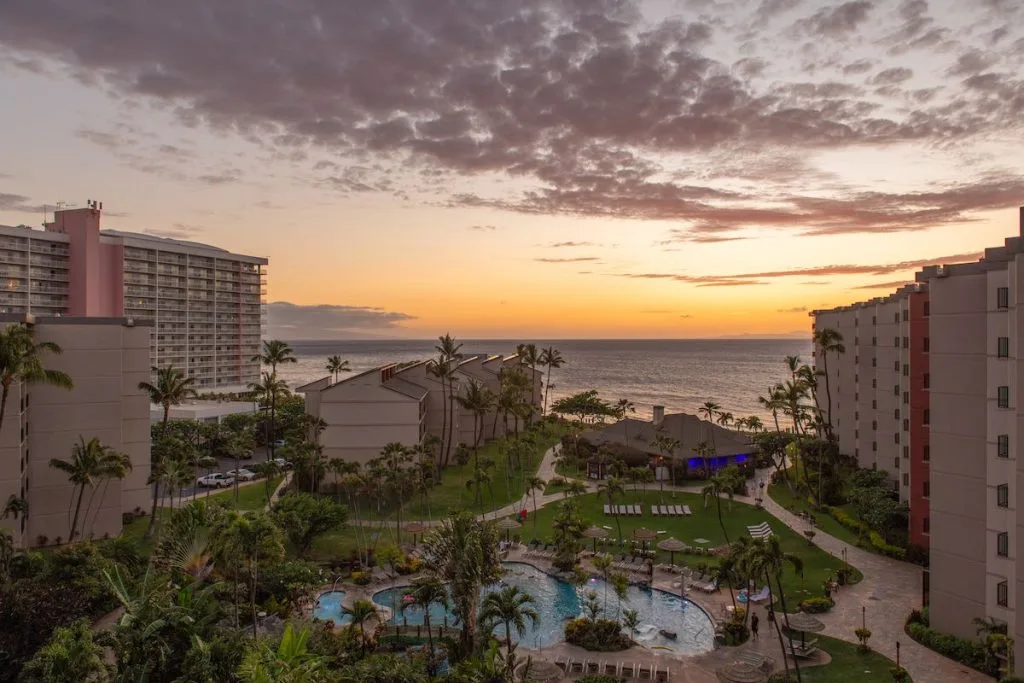 This lanai view shows the appeal of Kaanapali Shores Condos for Sale. Resort amenities and ocean views. 