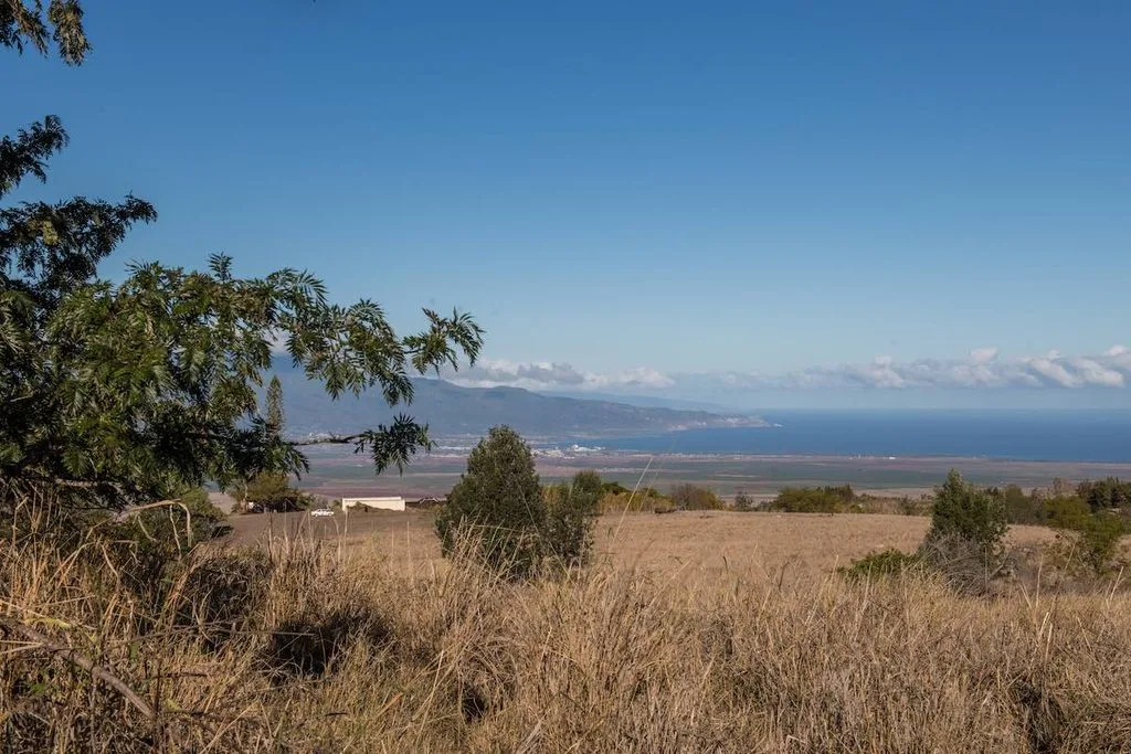 Views from a 20 acre property on Naele Road in Lower Kula. This perspective shows the views towards the North Shore of Maui and Kahului harbor. The Northern top of the West Maui Mountains are also visible.
