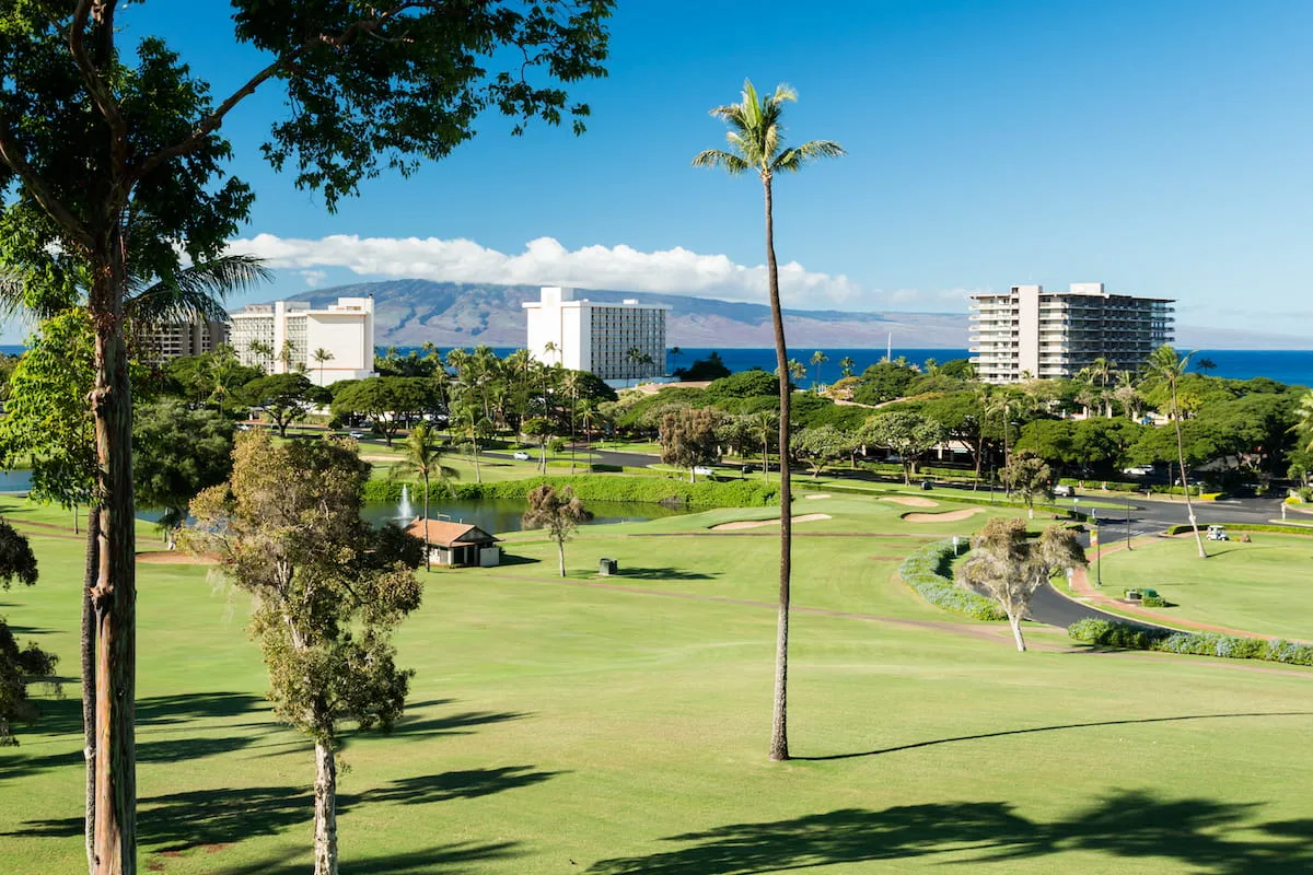 A scenic view of a golf course with palm trees and buildings in the background, against a backdrop of a blue ocean and distant mountains under a clear sky.