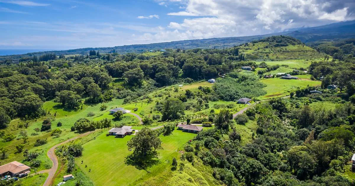 An aerial view of a neighborhood in Haiku on Maui's North Shore