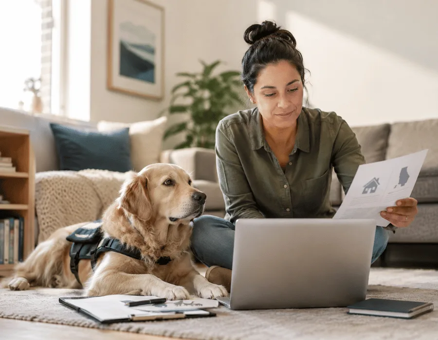 As Federal Rules on Assistance Animals Shift, American Service Pets Moves to Put Clarity and Training in Customers’ Hands 14 Woman at home with her dog reviewing ESA housing information on a laptop.